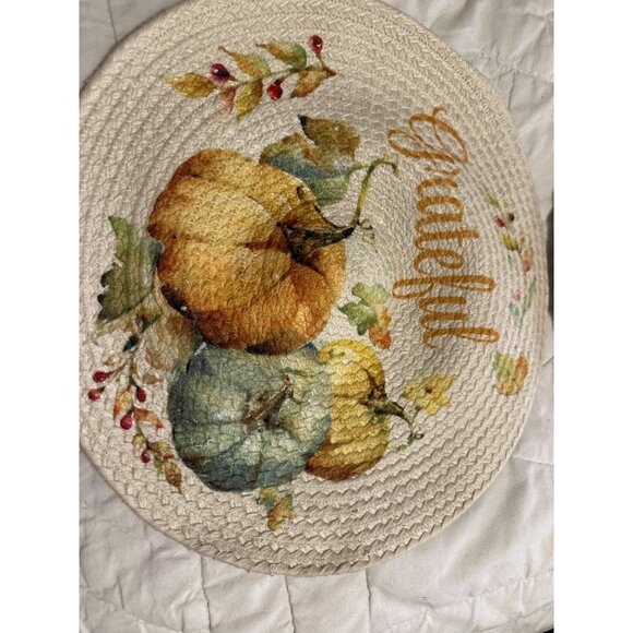 5 Pioneer woman Round "Grateful" Pumpkin Placemats 13” Braided Cotton Table Top - Picture 3 of 8